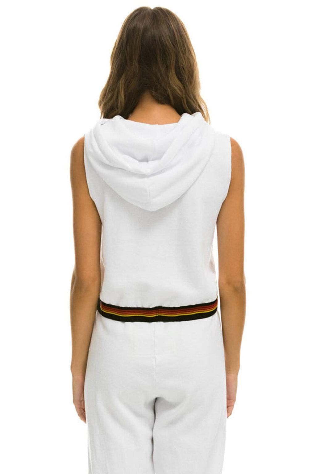 LOGO STRIPE SLEEVELESS CROP PULLOVER HOODIE - WHITE