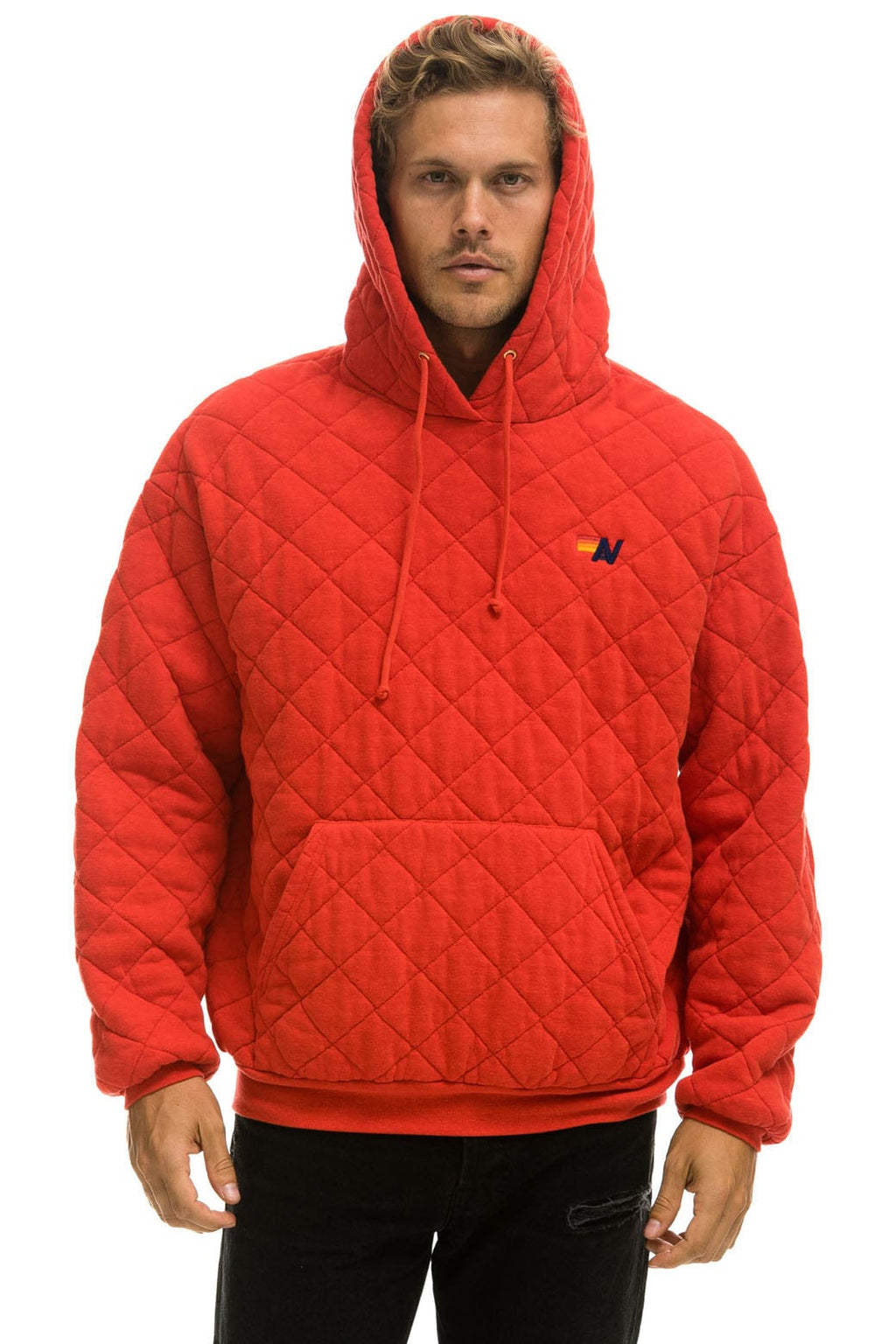 QUILTED RELAXED PULLOVER HOODIE - RED