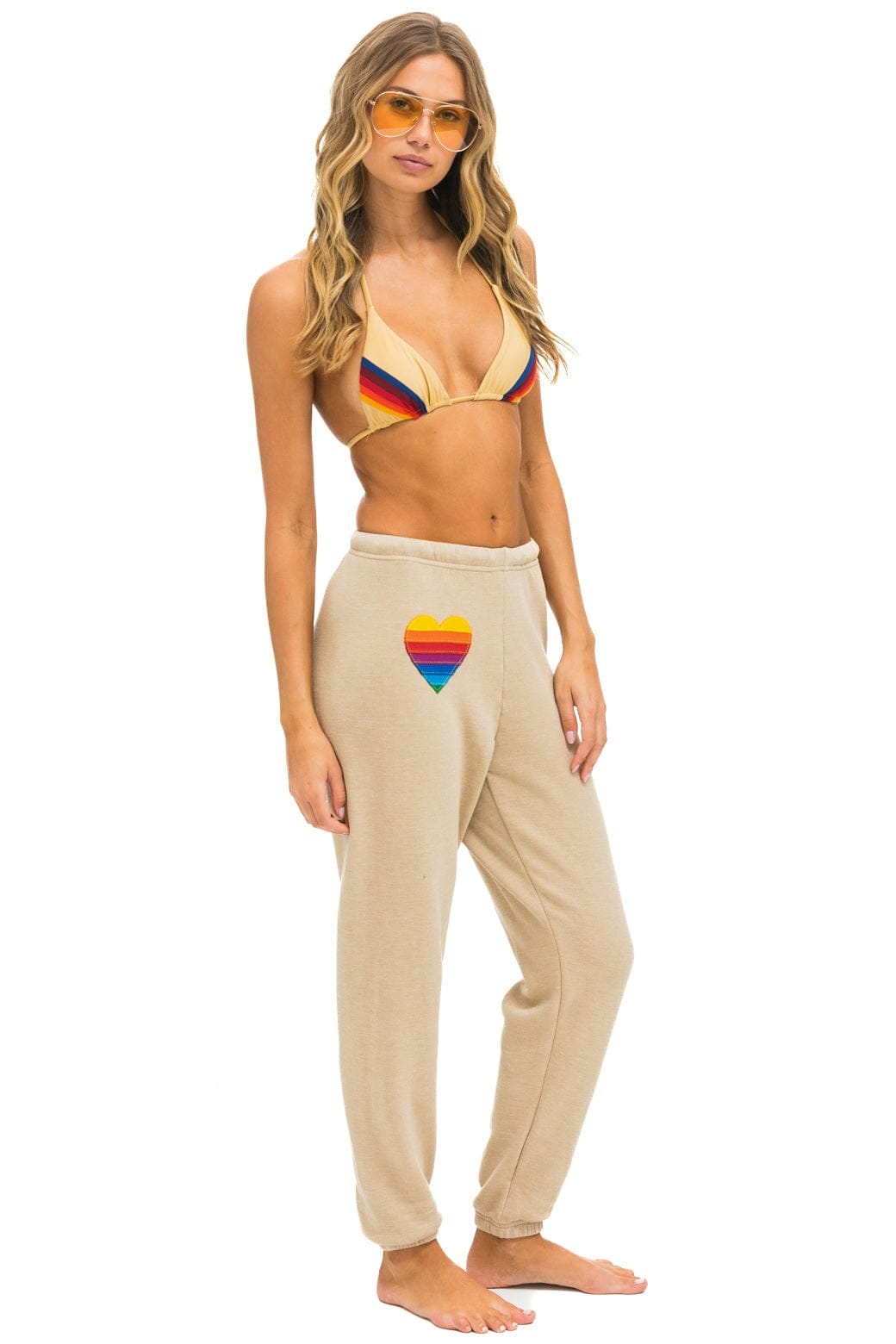 RAINBOW HEART STITCH SWEATPANTS - SAND