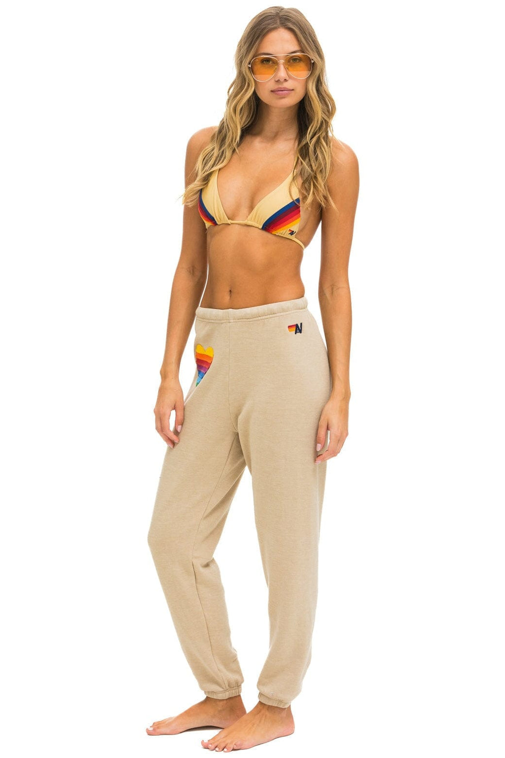 RAINBOW HEART STITCH SWEATPANTS - SAND