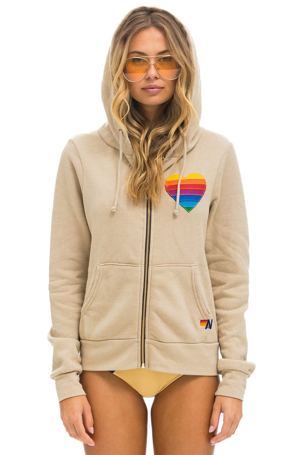 RAINBOW HEART STITCH ZIP HOODIE - SAND