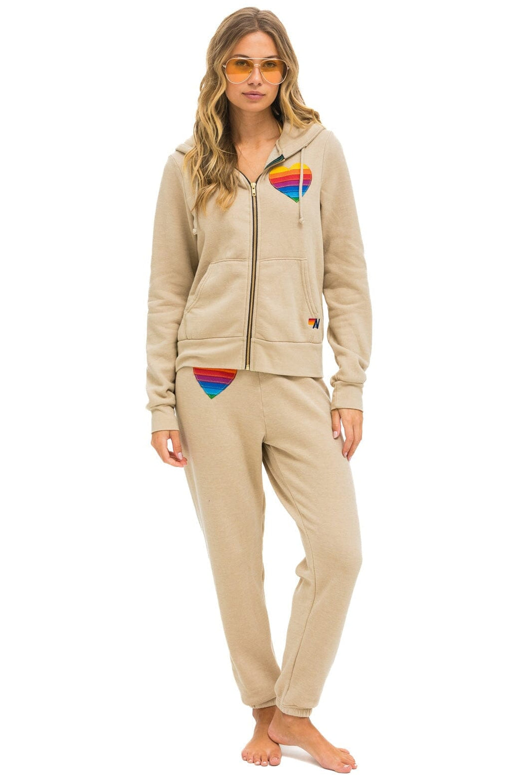 RAINBOW HEART STITCH ZIP HOODIE - SAND