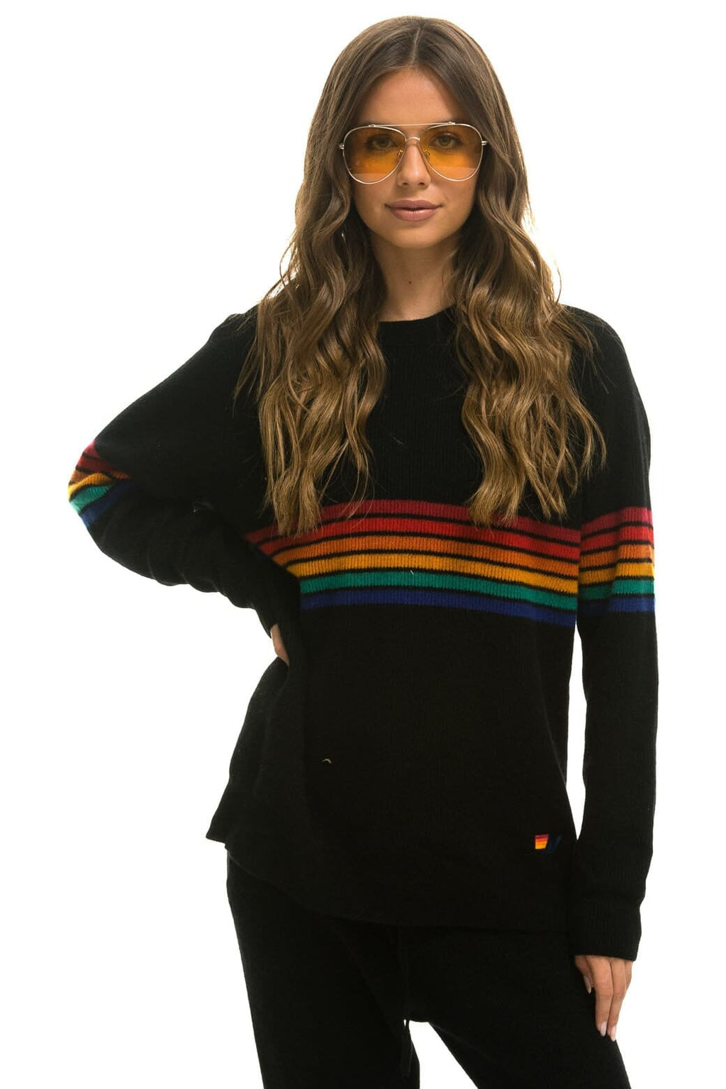 RAINBOW STRIPE 6 UNISEX CASHMERE SWEATER - BLACK