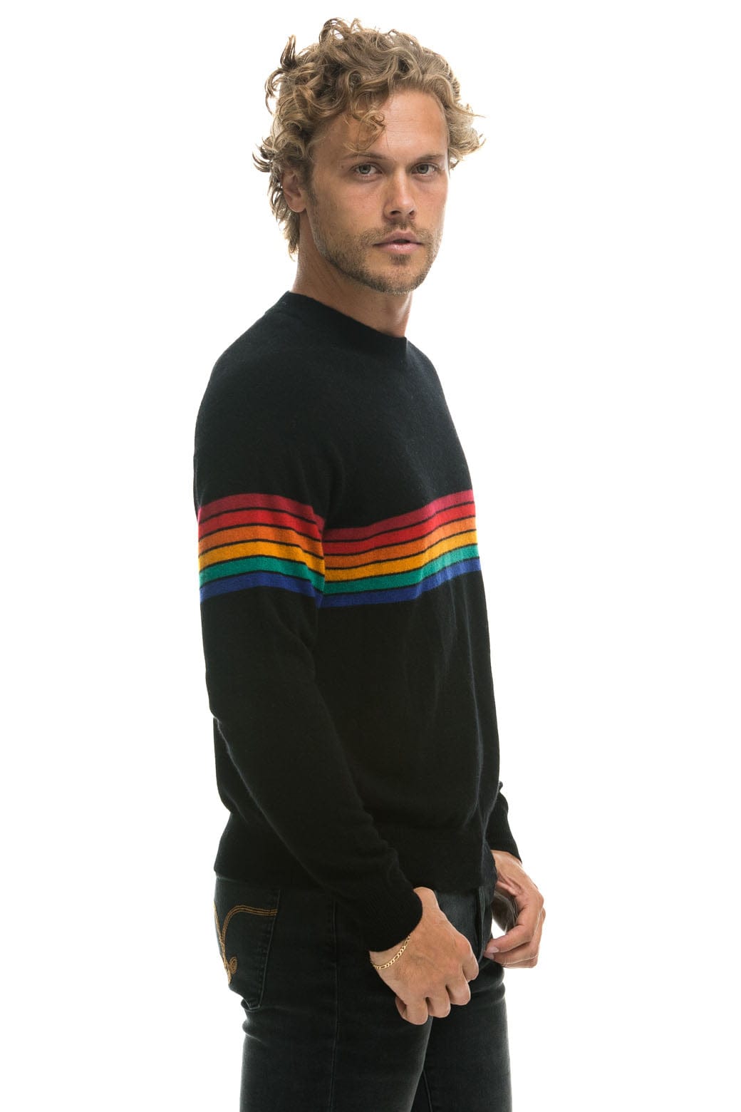 RAINBOW STRIPE 6 UNISEX CASHMERE SWEATER - BLACK