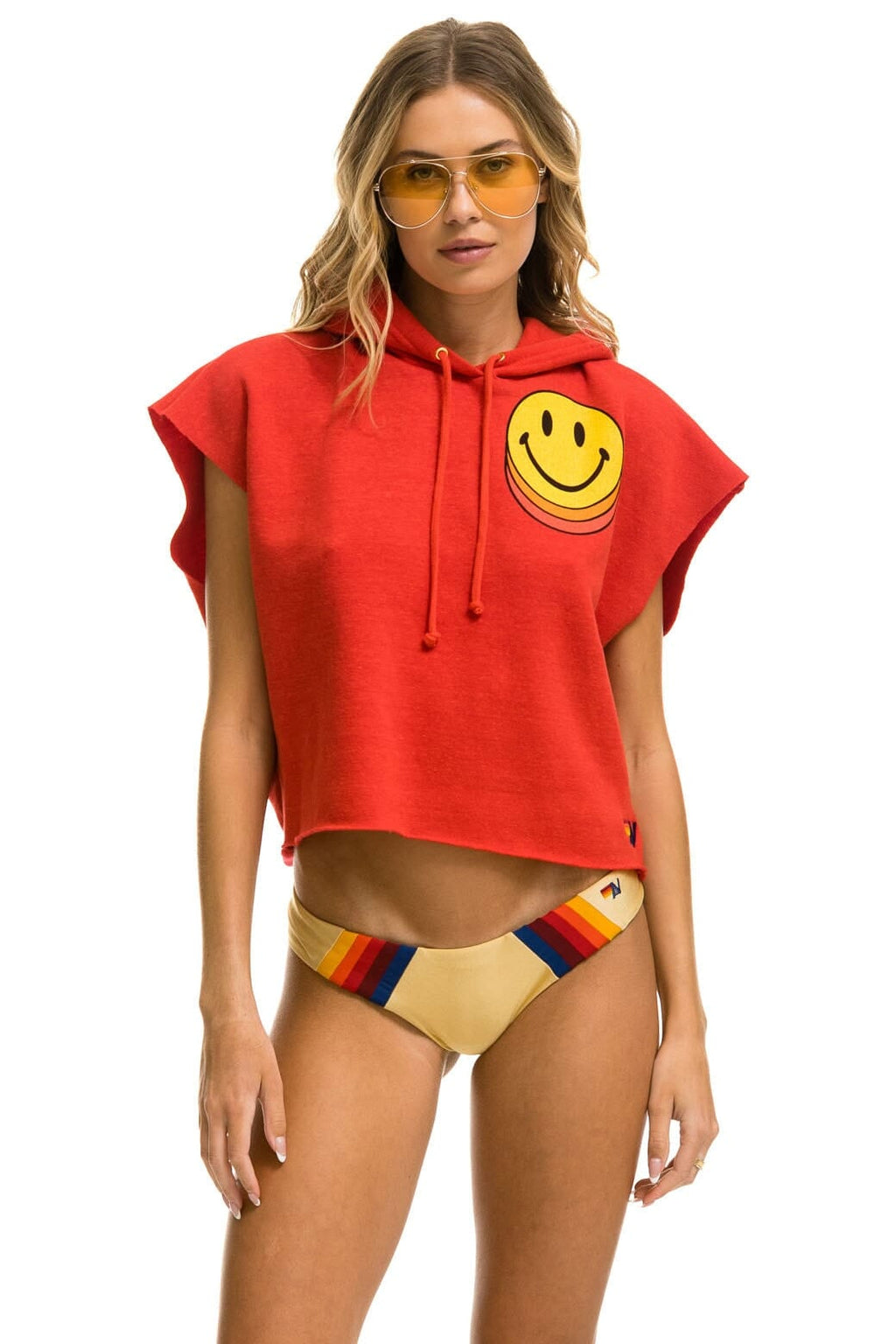 SMILEY SUNSET SLEEVELESS RELAXED CROPPED PULLOVER HOODIE - RED