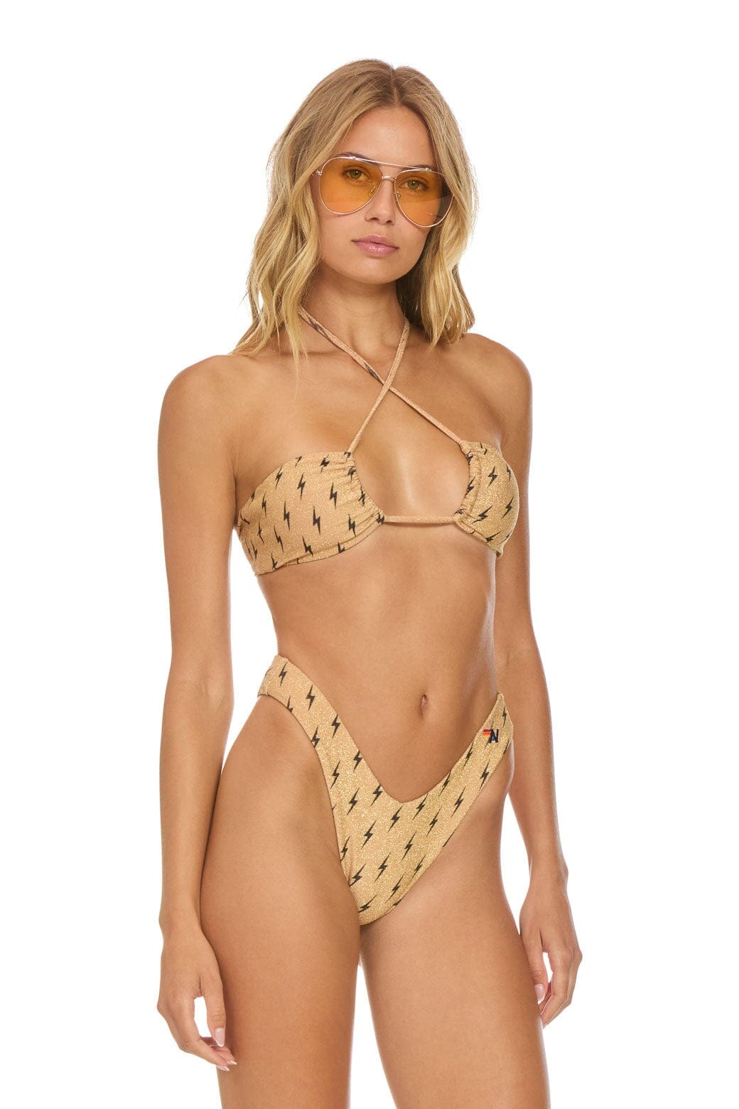 SPARKLE ST TROPEZ BANDEAU HALTER BIKINI TOP - BLACK BOLT REPEAT