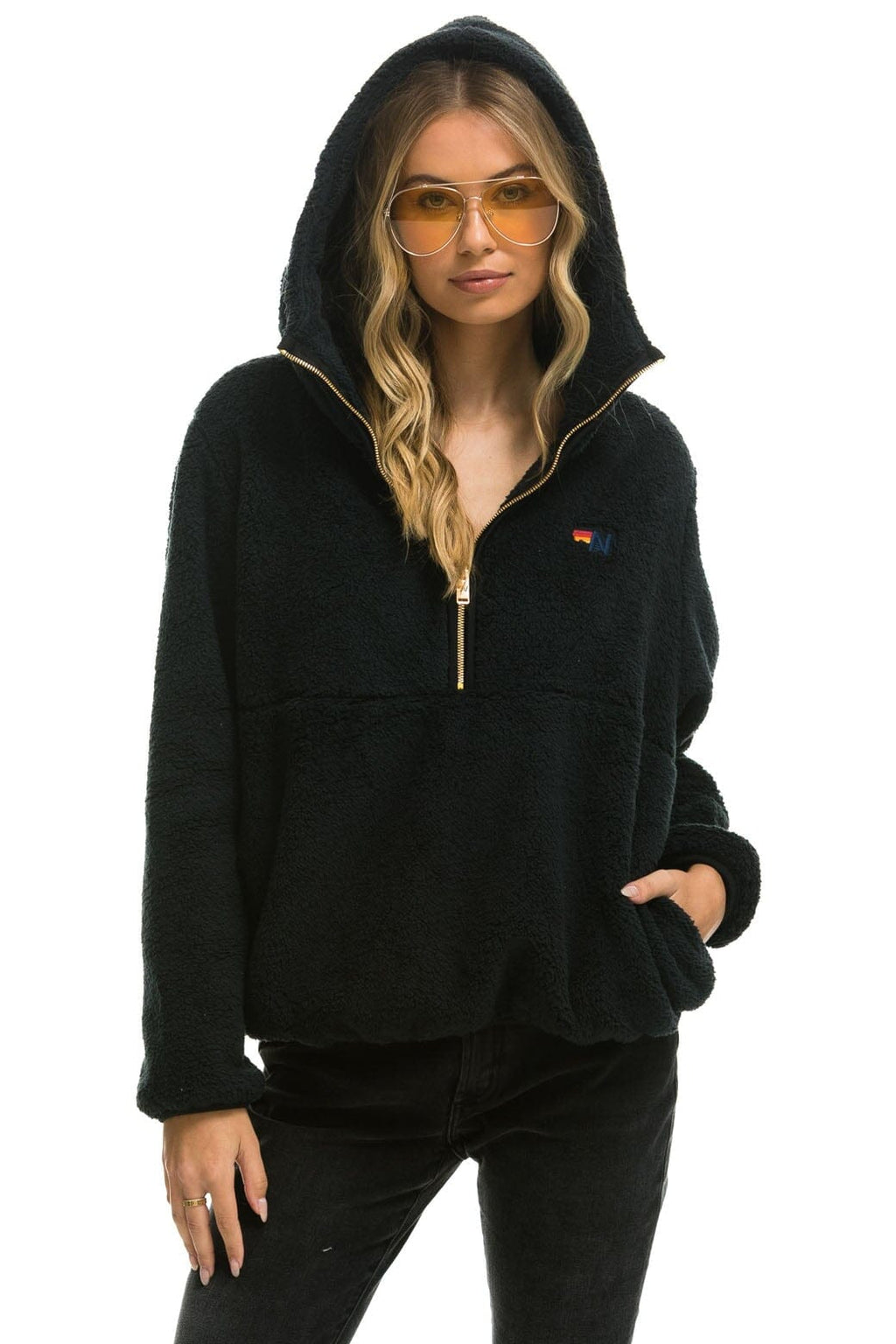 TEDDY APRES HOODED HALF ZIP JACKET - BLACK