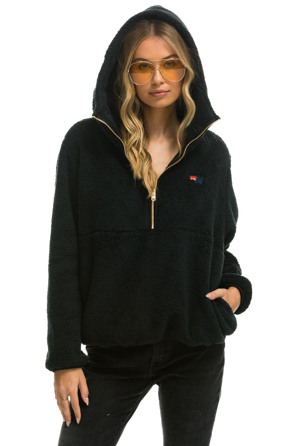 TEDDY APRES HOODED HALF ZIP JACKET - BLACK
