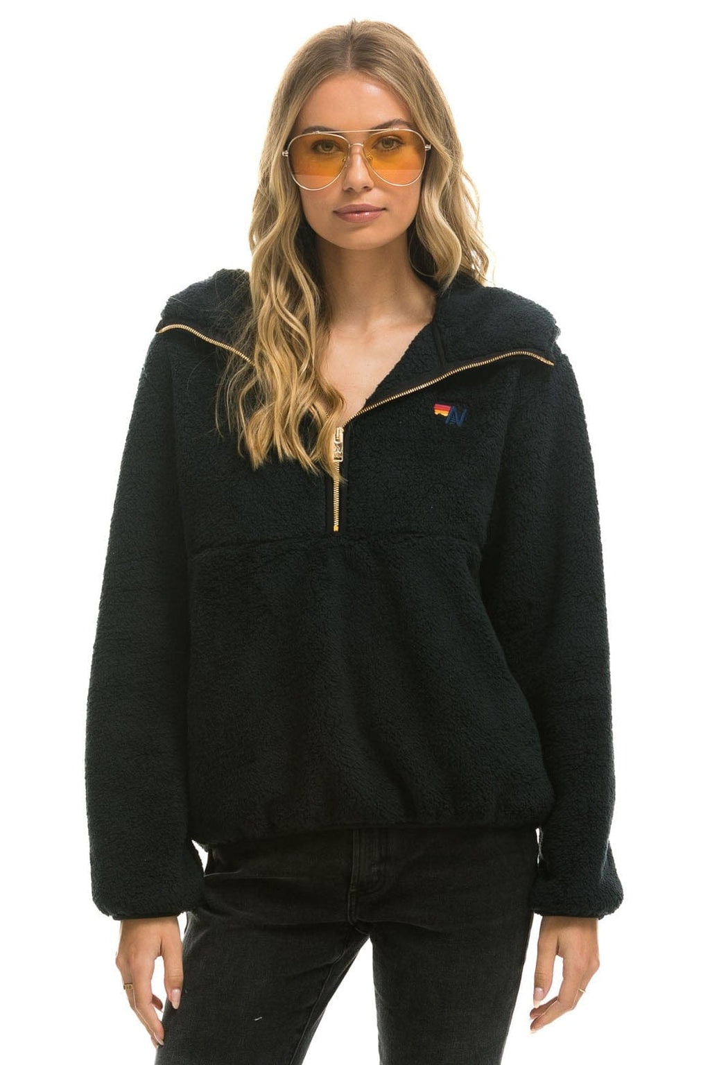 TEDDY APRES HOODED HALF ZIP JACKET - BLACK