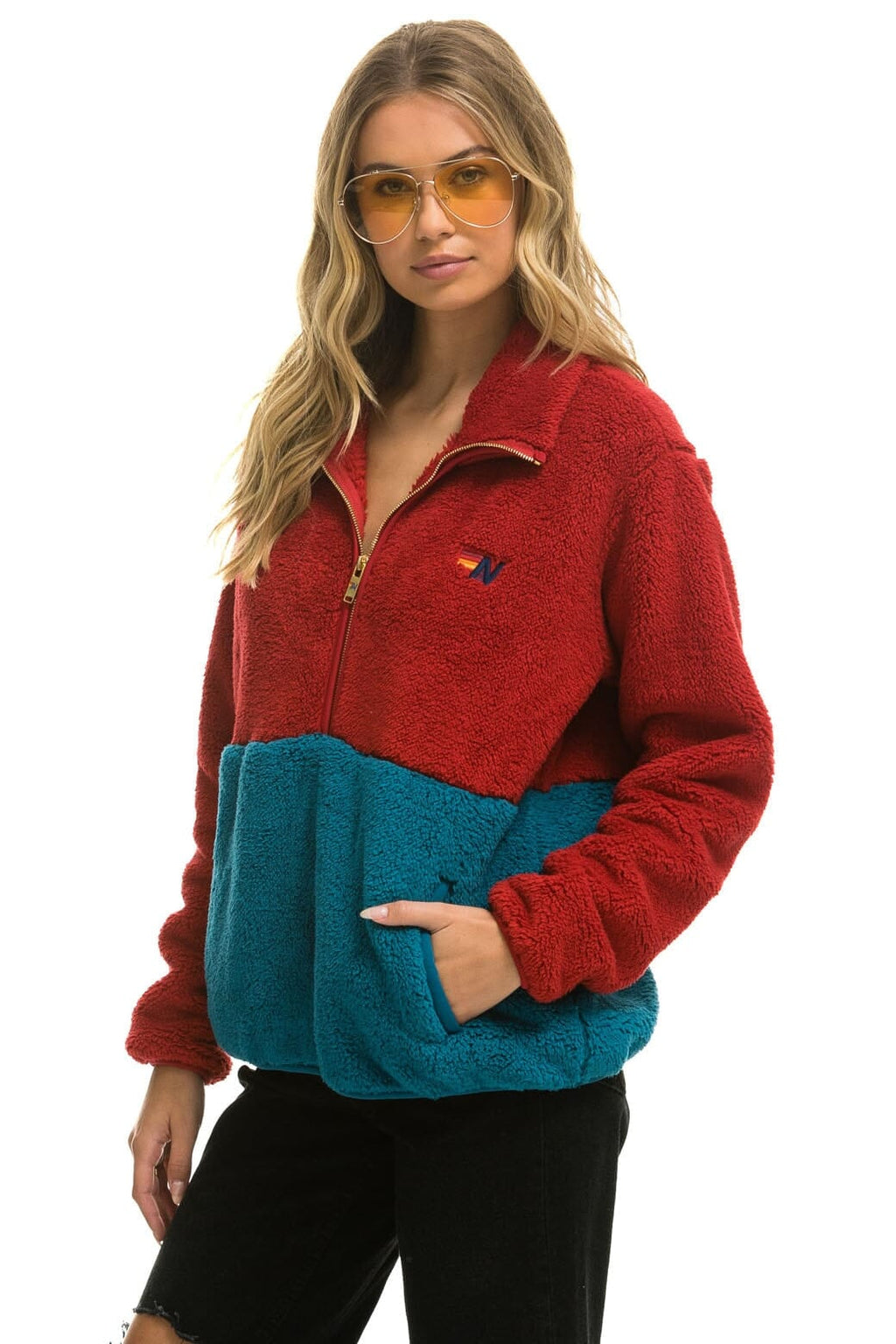 TEDDY UNISEX HALF ZIP COLOR BLOCK JACKET - CHERRY