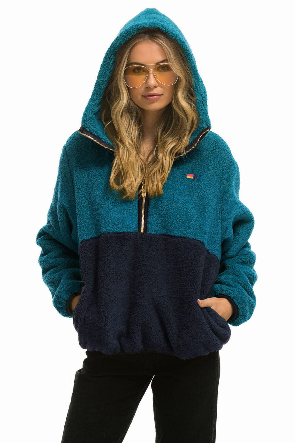 TEDDY APRES HOODED HALF ZIP COLOR BLOCK JACKET - CAPRI