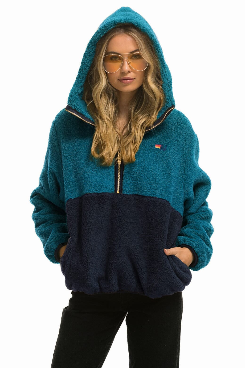 TEDDY APRES HOODED HALF ZIP COLOR BLOCK JACKET - CAPRI