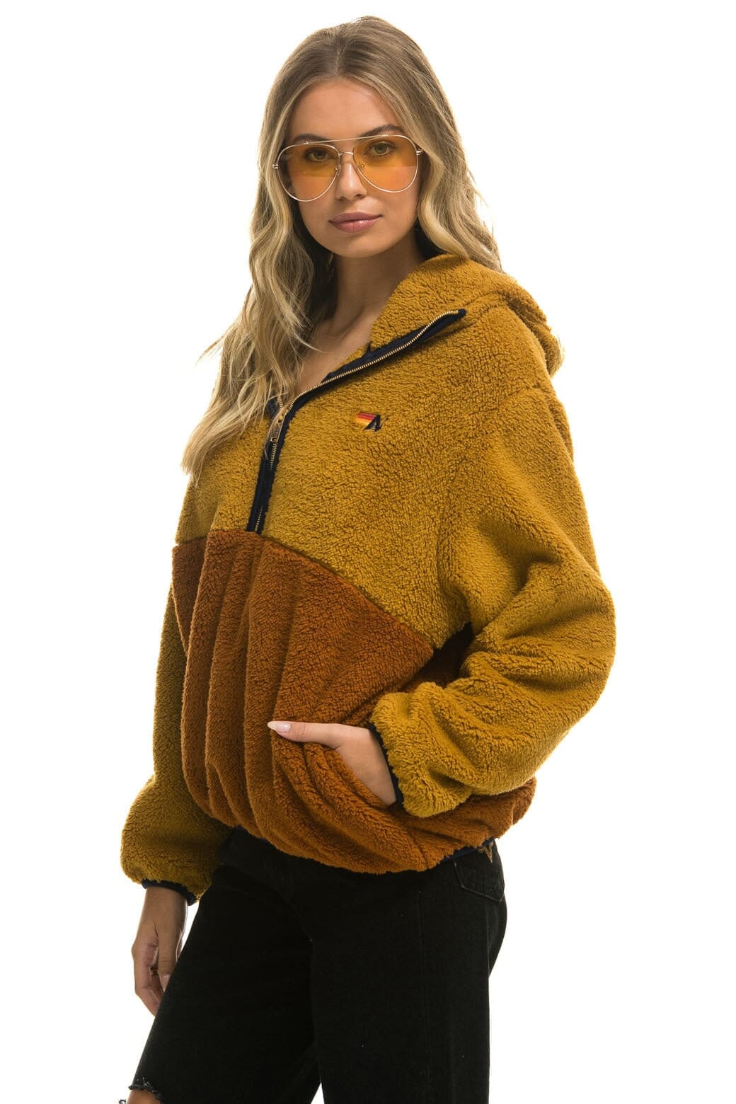 TEDDY APRES HOODED HALF ZIP COLOR BLOCK JACKET - HONEY