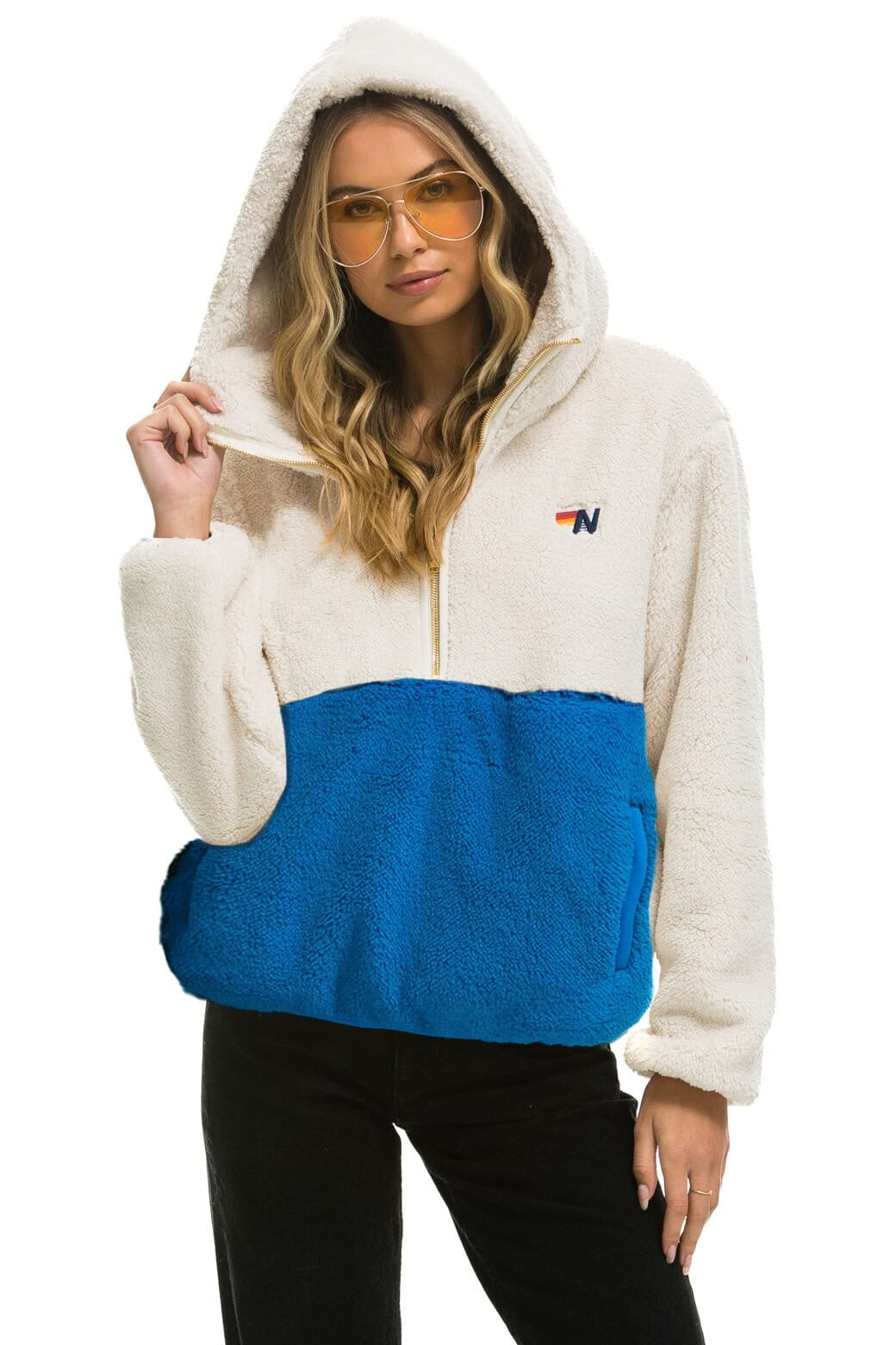 TEDDY UNISEX HOODED HALF ZIP COLOR BLOCK JACKET - VINTAGE WHITE