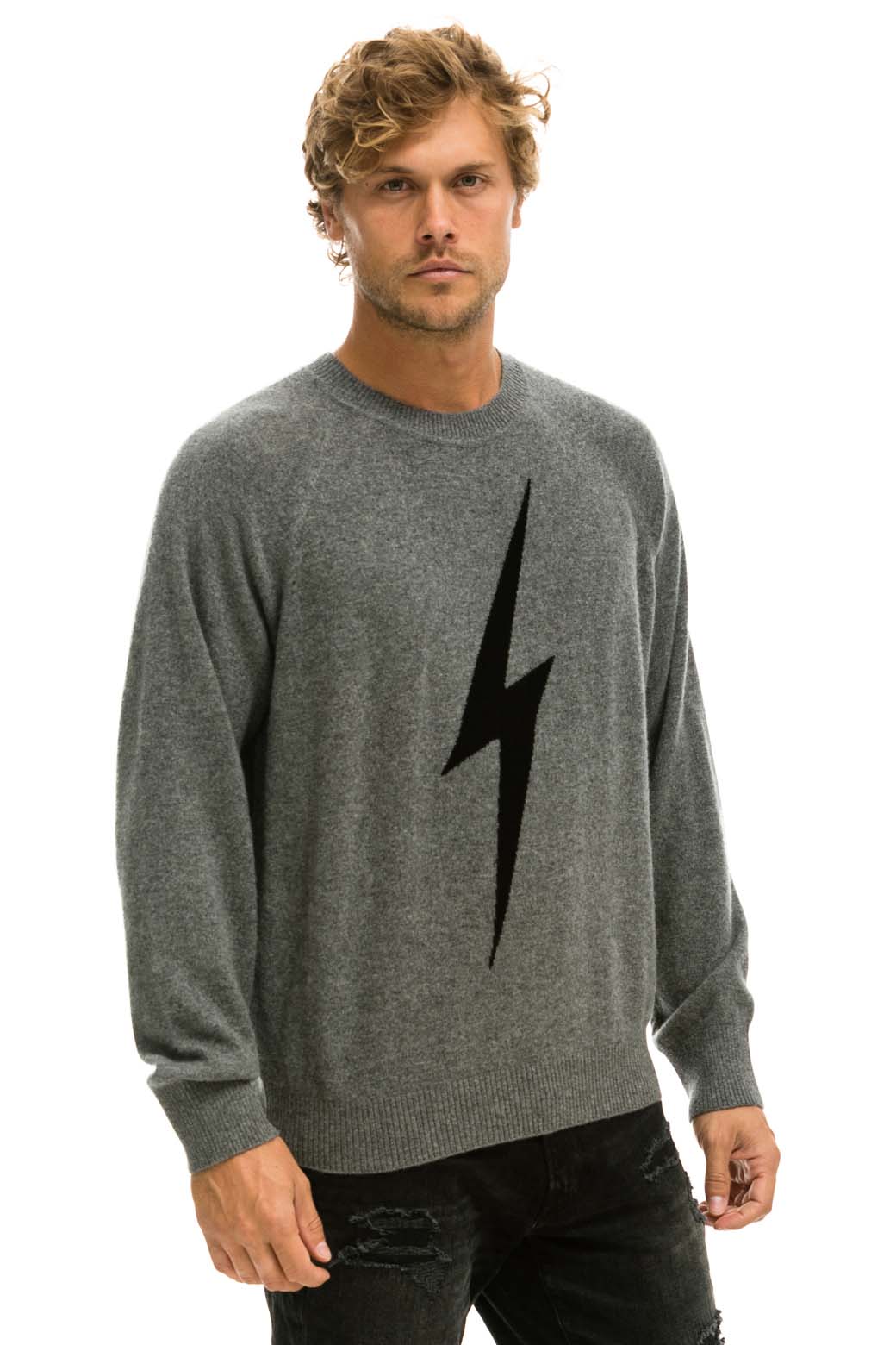 UNISEX BOLT CASHMERE LIGHT SWEATER - DEEP HEATHER BLACK BOLT