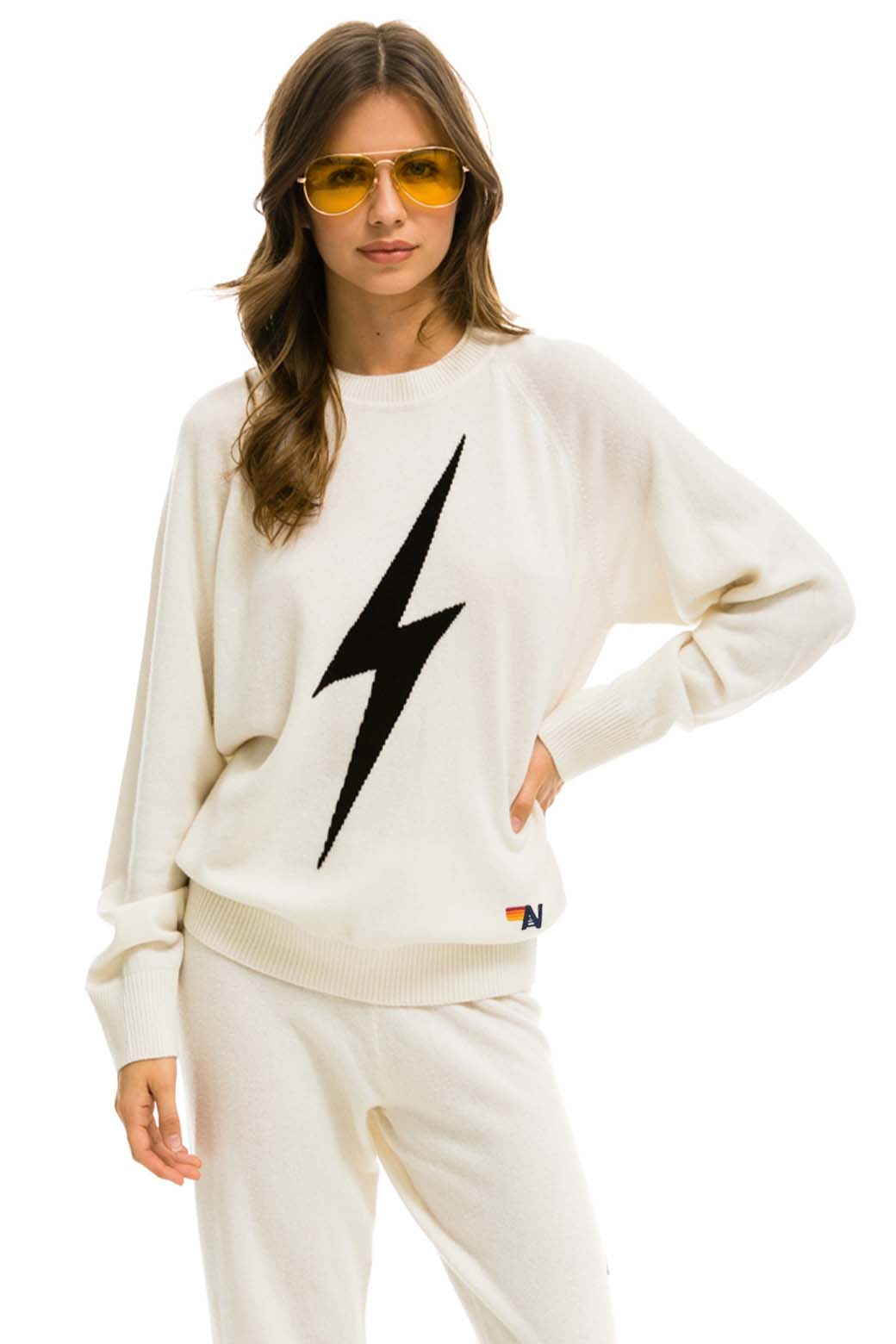 UNISEX BOLT CASHMERE LIGHT SWEATER - VINTAGE WHITE BLACK BOLT