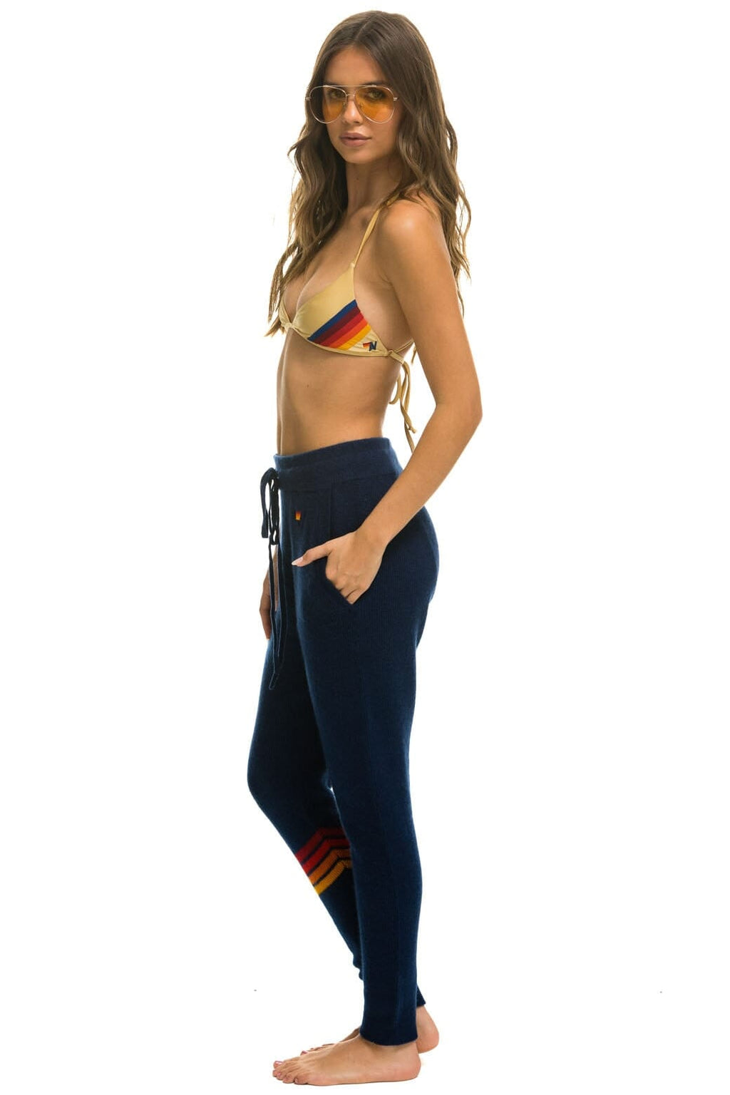 RAINBOW 4 STRIPE CASHMERE RELAXED FIT PANT - MIDNIGHT